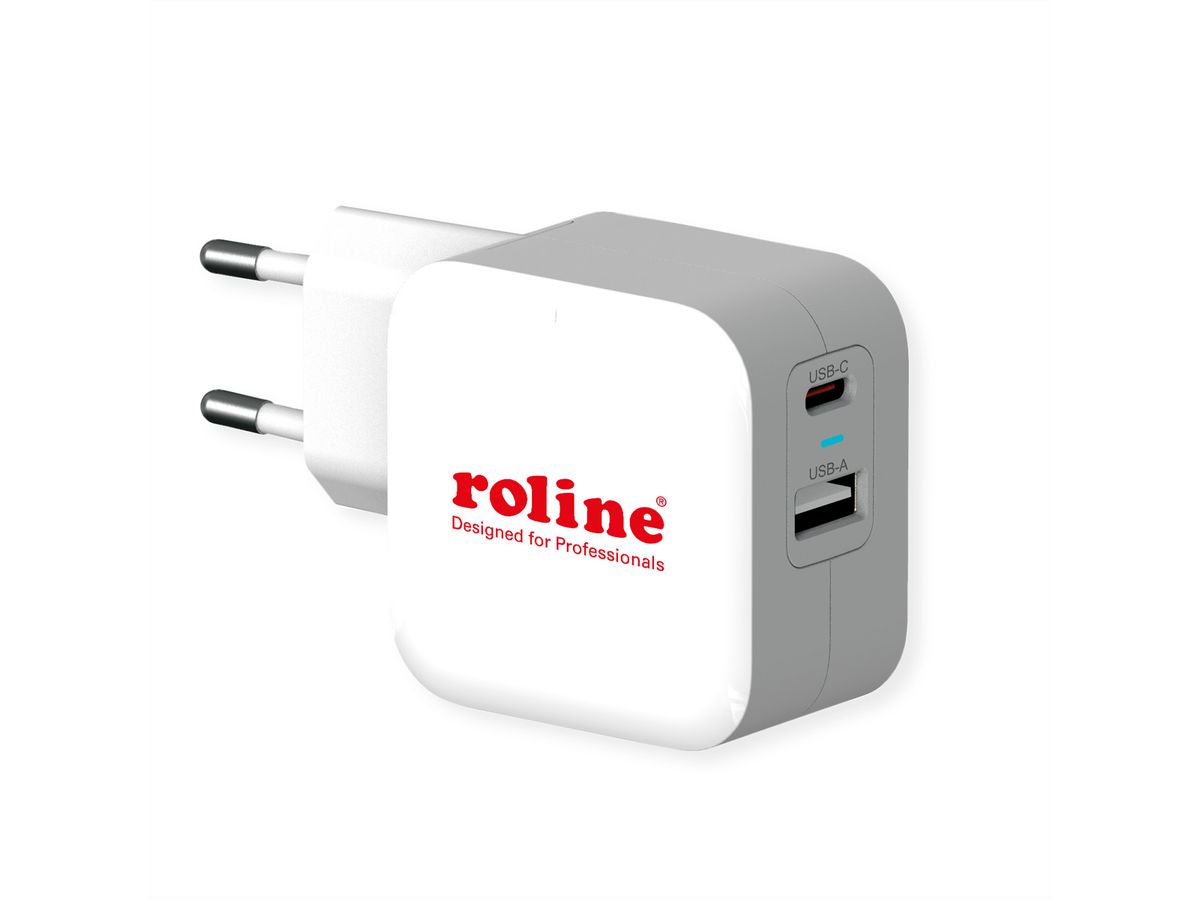 ROLINE USB Charger mit Euro-Stecker, 2 Port (Typ-A QC3.0, Typ-C PD), 38W