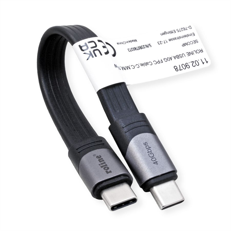 ROLINE USB4 Gen3x2 Kabel, USB C-C, ST/ST, 8K UHD-2, 40Gbit/s, 100W, extra-flach, schwarz, 15 cm