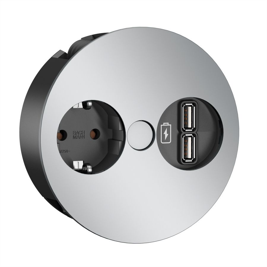 BACHMANN TWIST 1x Schutzkontakt, USB-Charger, GST18-Stecker, chrom, 0,2 m
