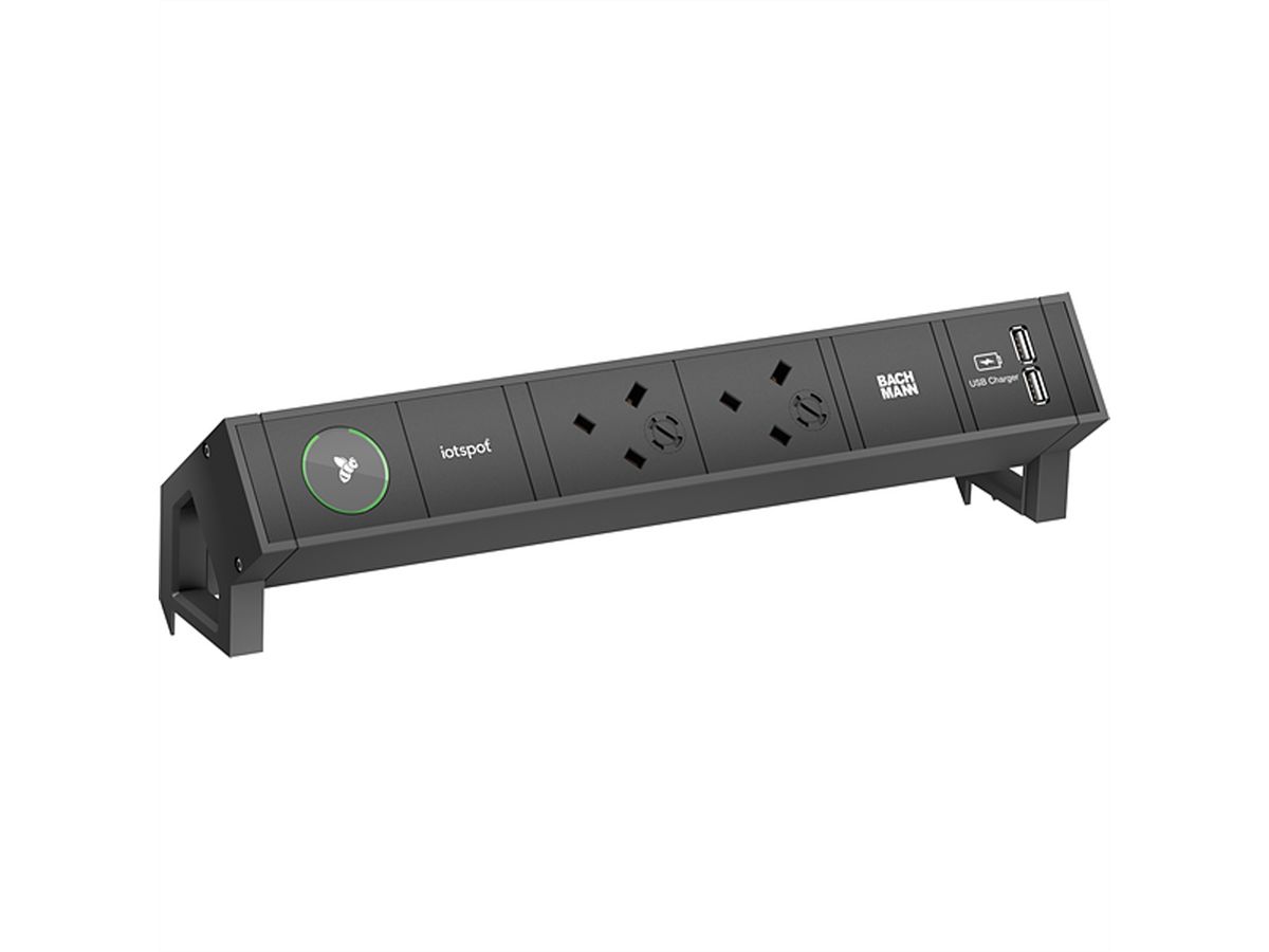 BACHMANN DESK2 iotspot 2xUK USB Charger, 0,2m GST18, RAL9005 United Kingdom