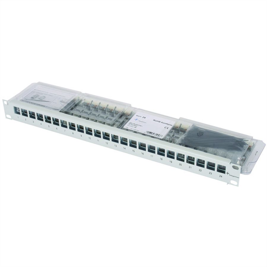 TELEGÄRTNER 19"-Modulträger 1 HE, mit 24 AMJ-S-Modulen Cat.6A (Class EA) (ISO/IEC), grau
