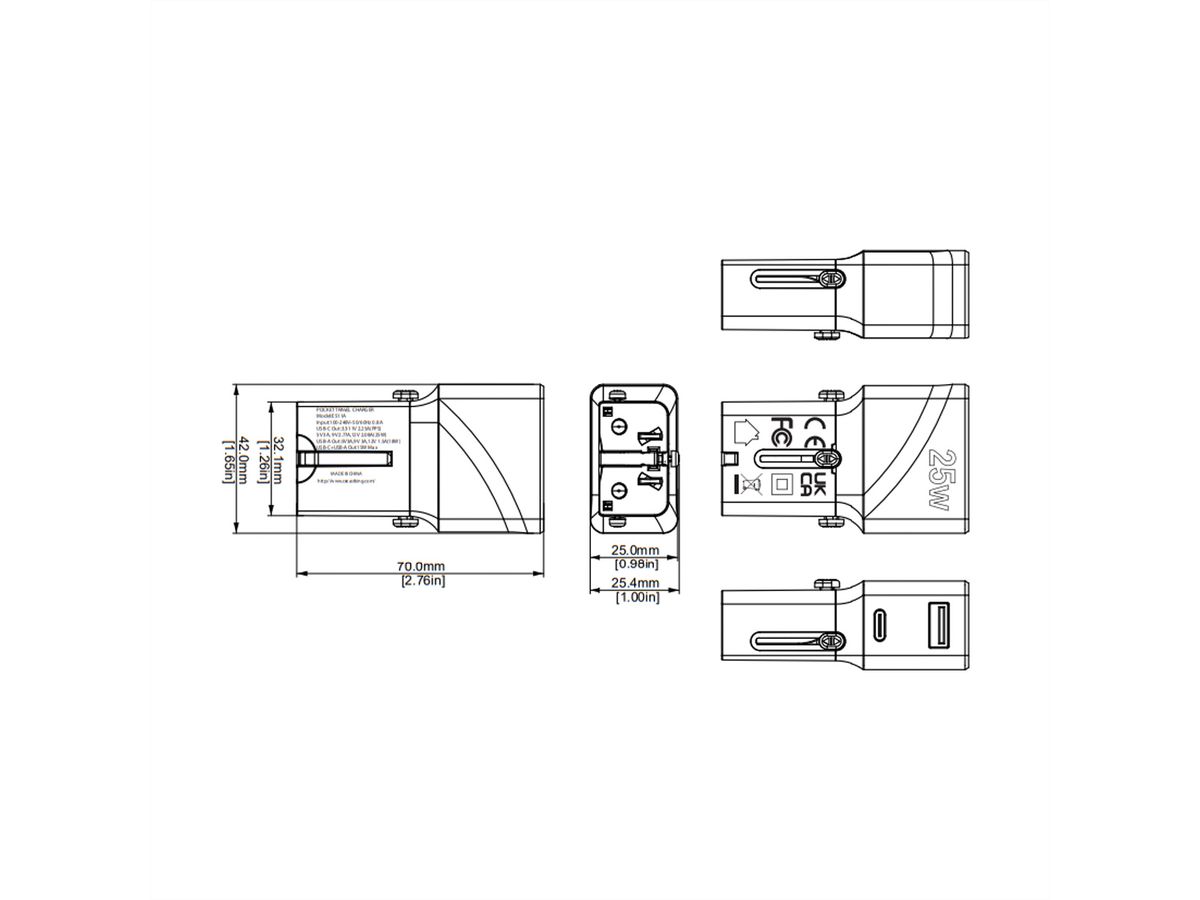 VALUE USB Reise-Charger mit Euro-Flach-/UK-/US-Stecker, 2 Port (Typ-A QC3.0, Typ-C PD), 25W