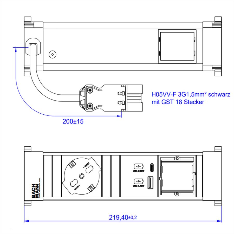 BACHMANN POWER FRAME S 1xP40 USB A&C 22W, 1xCM 0,2m GST18 Italia