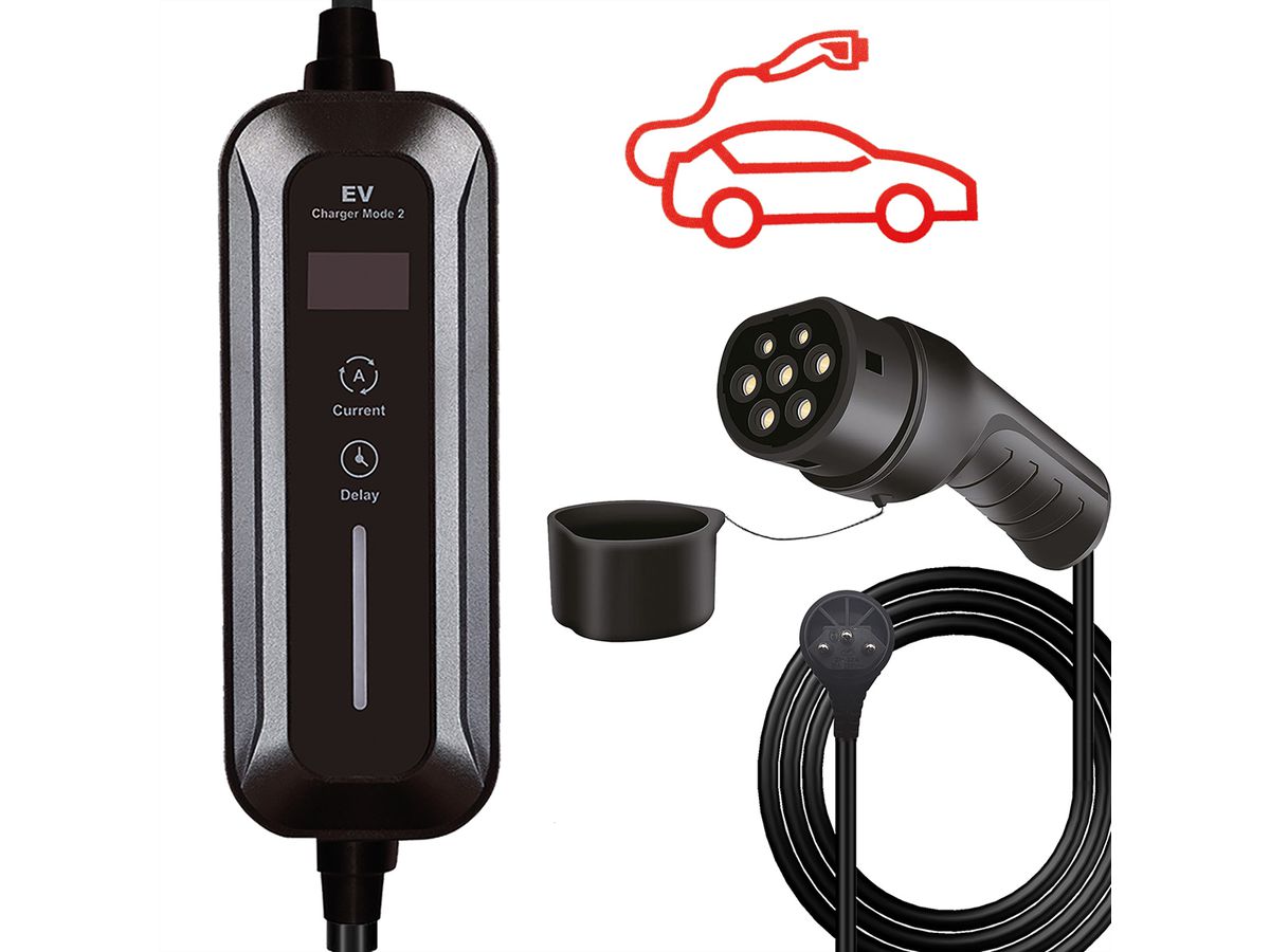ROLINE Tragbares E-Auto Ladegerät, Typ J & Typ2 Stecker, 1-phasig, Mode 2, 10 A, 2,3 kW, 5 m