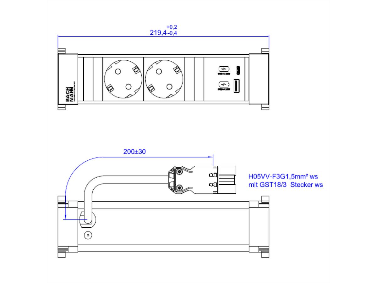 BACHMANN POWER FRAME 2xCEE7/3 1xUSB A/C 22W 0,2m GST18