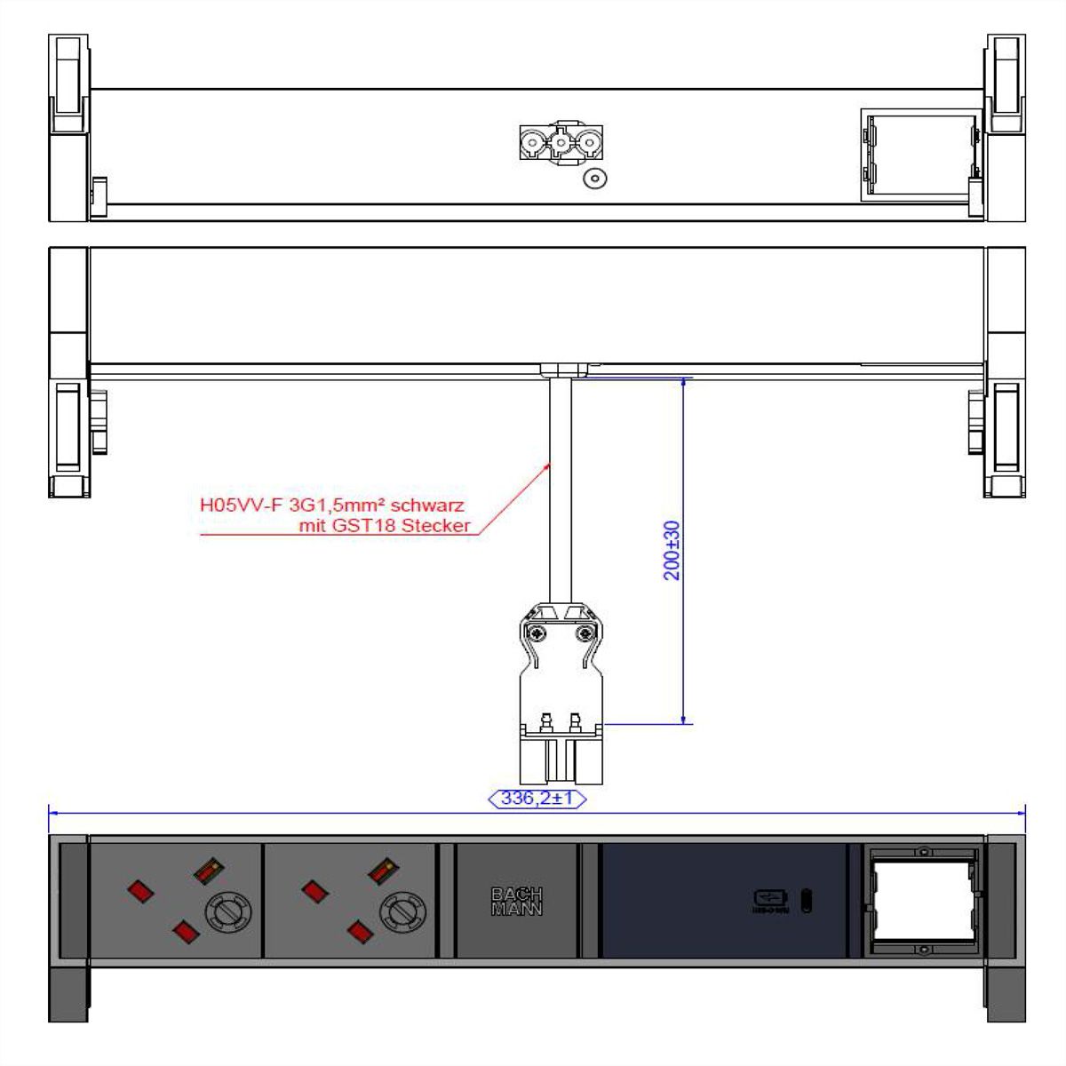 BACHMANN DESK2 2xUK 1xUSB C 60W 1xCM, 0,2m GST18 RAL9010 United Kingdom
