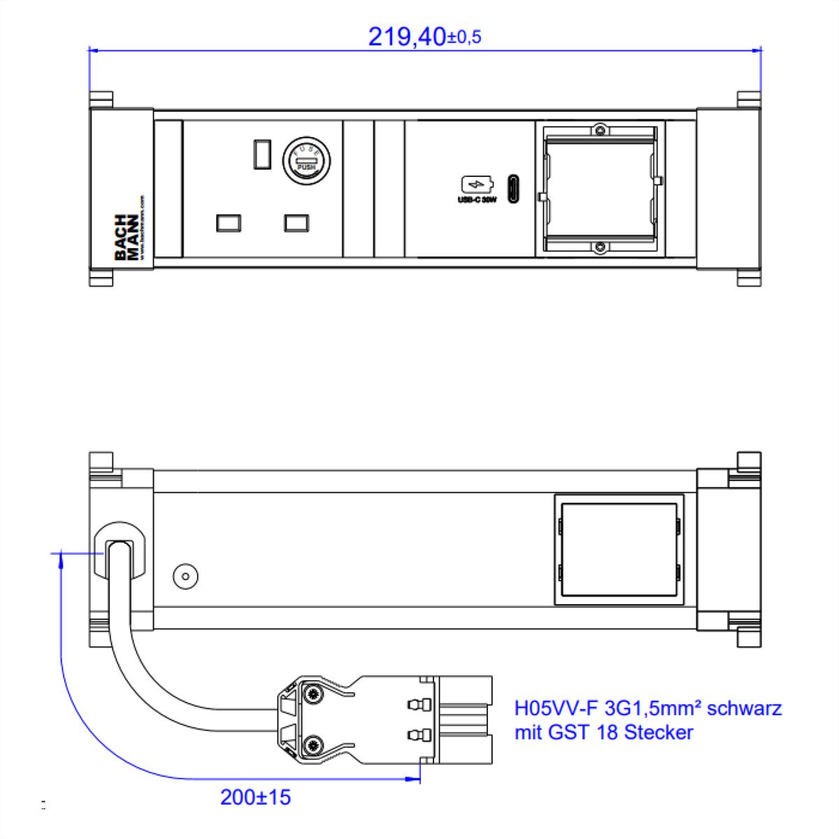 BACHMANN POWER FRAME S 1xUK 1xUSB C 30W, 1xCM 0,2m GST18 United Kingdom