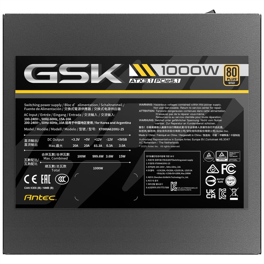 ANTEC GSK 1000 ATX3.1 1000 W Vollmodulares 80 PLUS Gold-Netzteil, schwarz