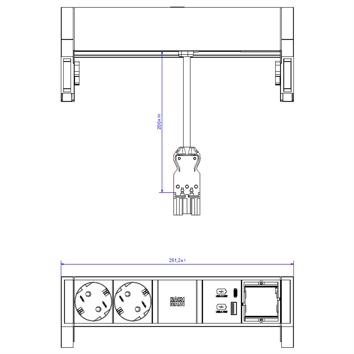 BACHMANN DESK2 ALU BLACK 2xSchutzkt.USB, USB Charger 22W A&C 1xABD 0,2m GST18