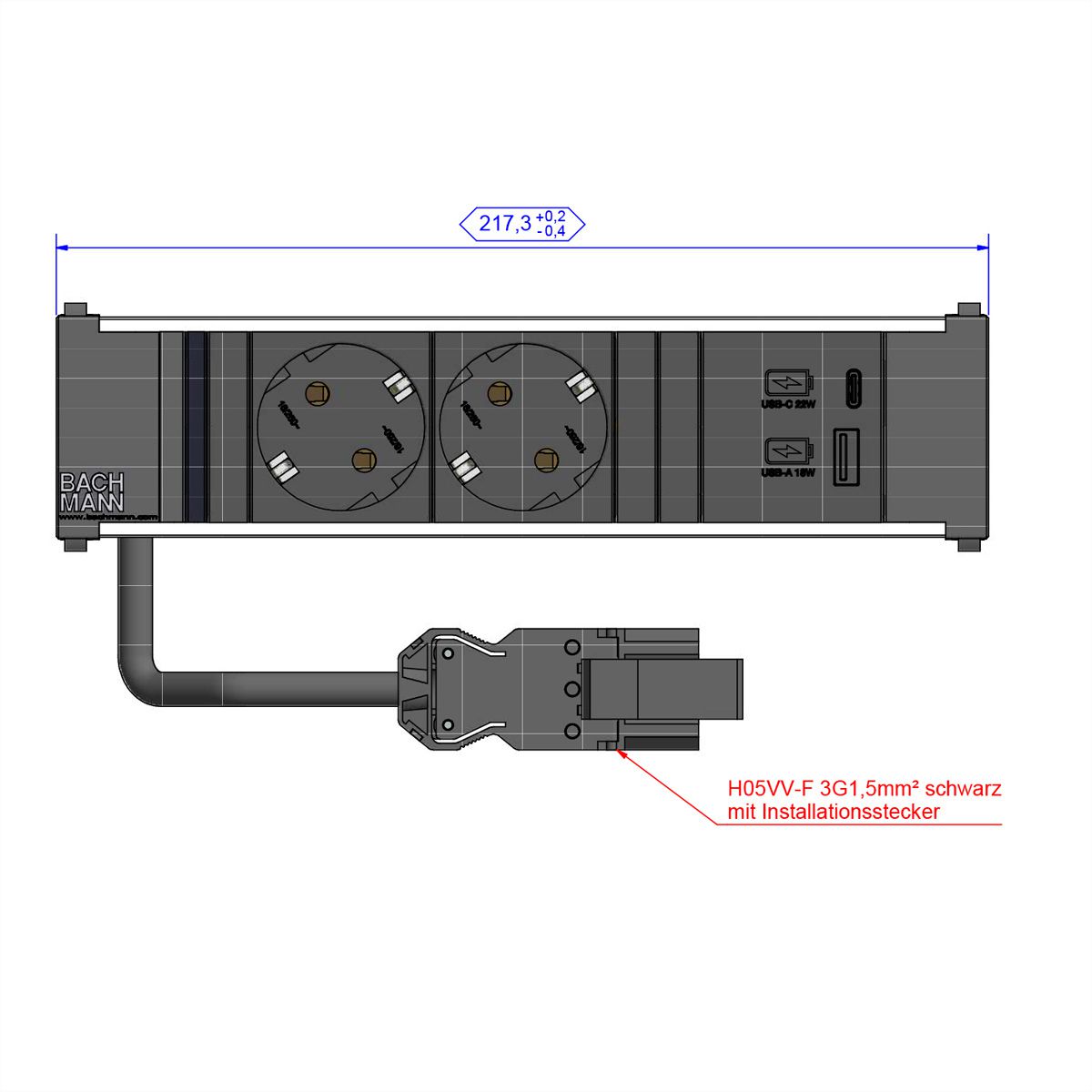 BACHMANN CONI 2x Schutzkontakt 1xUSB A/C 22W, schwarz