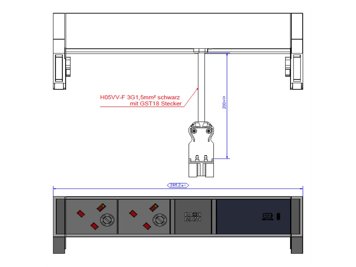 BACHMANN DESK2 ALU BLACK 2xUK, 1xUSBC 60W 0,2m GST18 United Kingdom