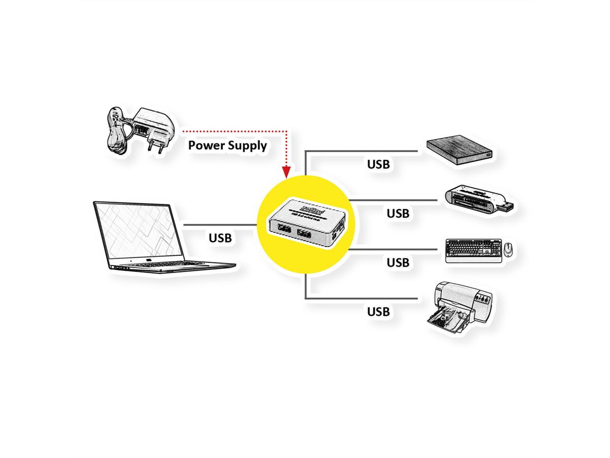 ROLINE USB 2.0 Hub "Black and White", 4 Ports, mit Netzteil