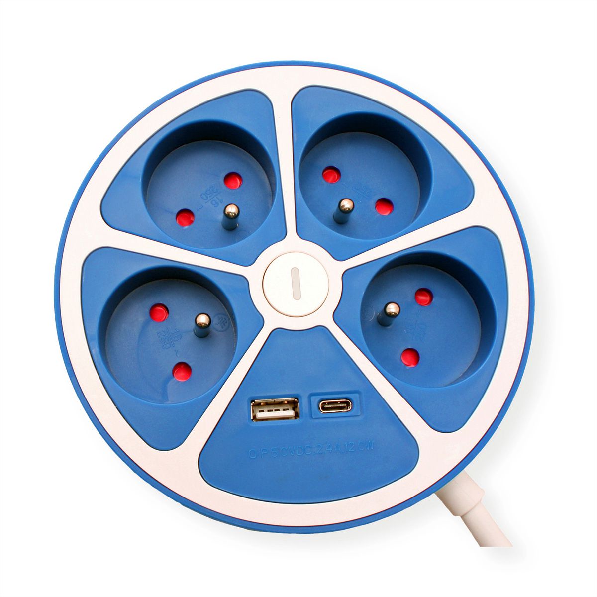 ROLINE 4-fach Steckdosenleiste mit Schalter, rund, UTE Version, USB-Charger A+C, blau, 1,5 m