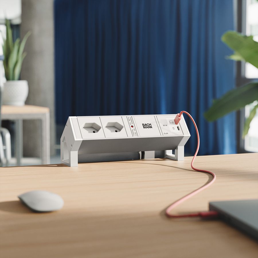 BACHMANN DESK2 ALU WHITE 2xCH 90°, 1xUSB C/C 65W L=0,2m RAL9010