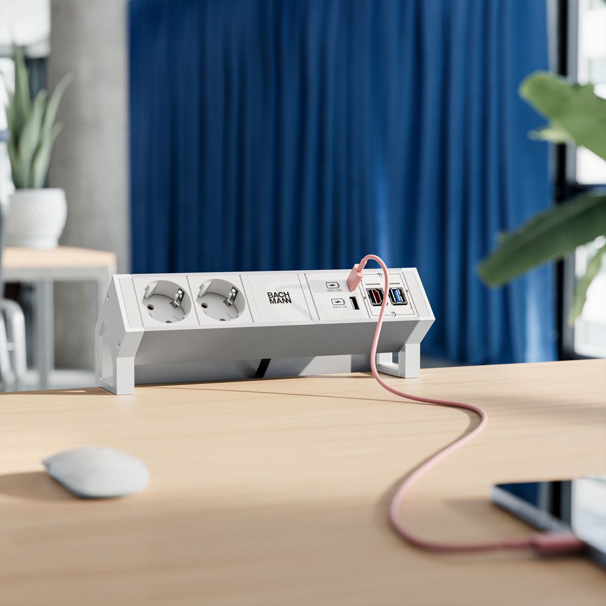 BACHMANN DESK2 ALU WHITE 2xCEE7/3 1xCM 1xUSB A/C 22W 0,2m GST18