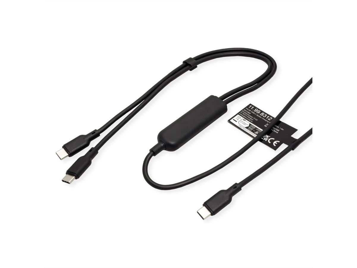 VALUE USB Typ C Split-Ladekabel, C - 2x C, ST/ST, max. 100W, schwarz, 1,8 m