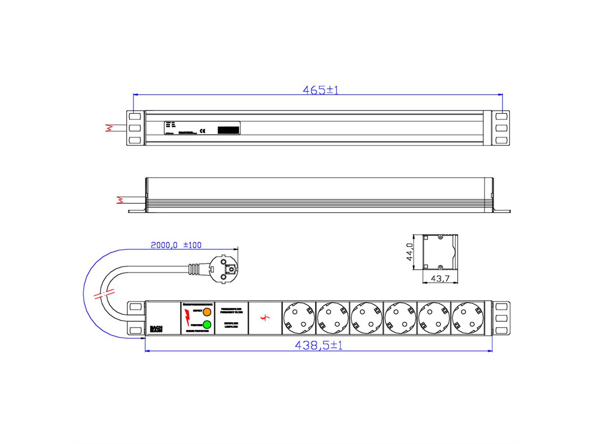 BACHMANN 19" Steckdosenleiste 6-fach mit GVS ohne Schalter