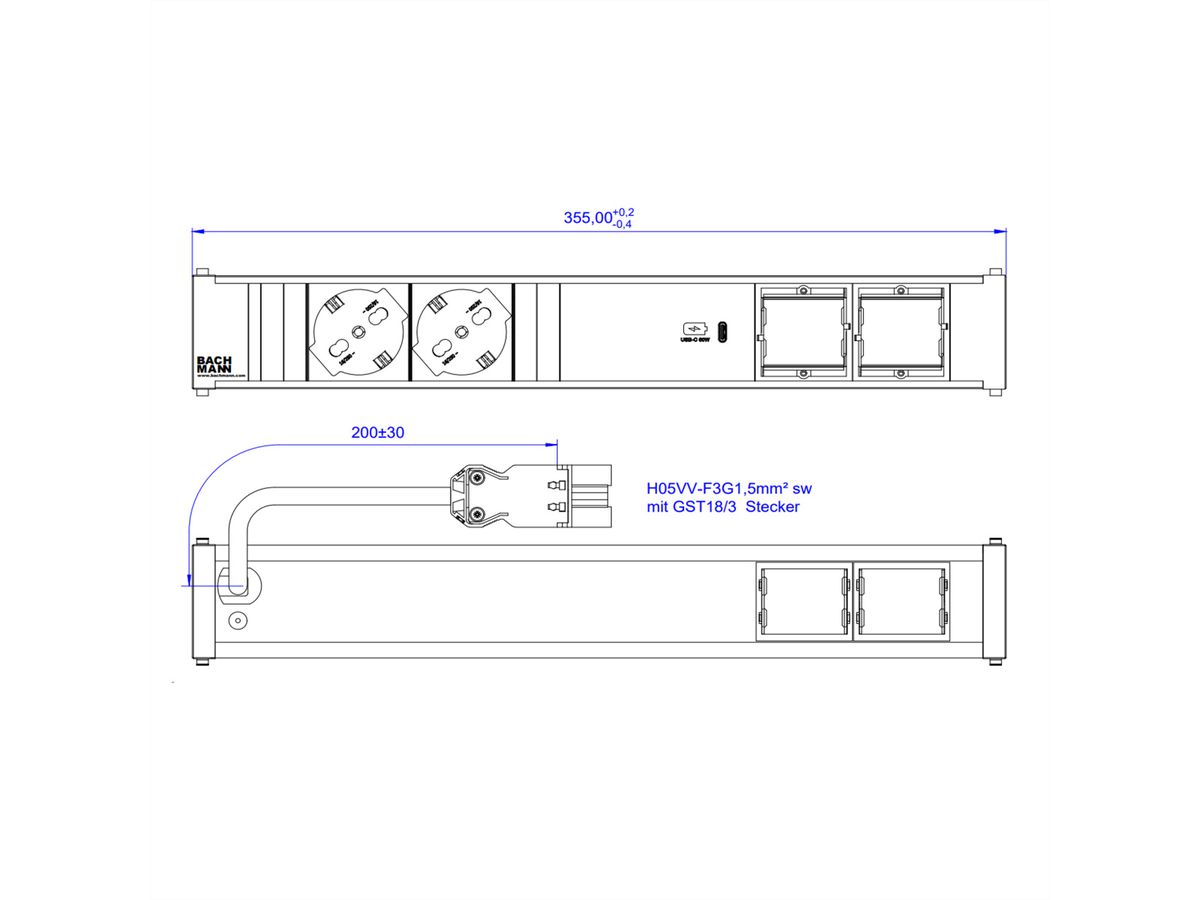 BACHMANN CONI 2xP40 1xUSB C 60W 2xCM, 0,2m GST18 Italia