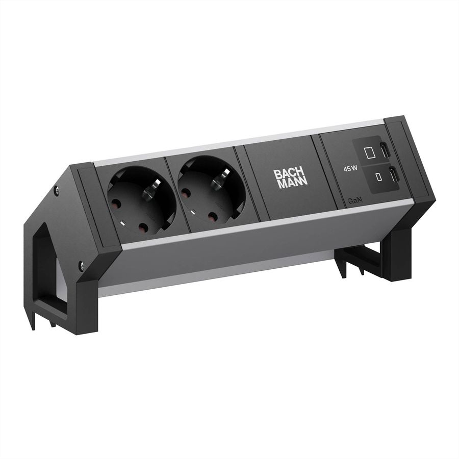 BACHMANN DESK2 ALU BLACK 2xCEE7/3, 1xUSB C/C 45W L=0,2m RAL9005