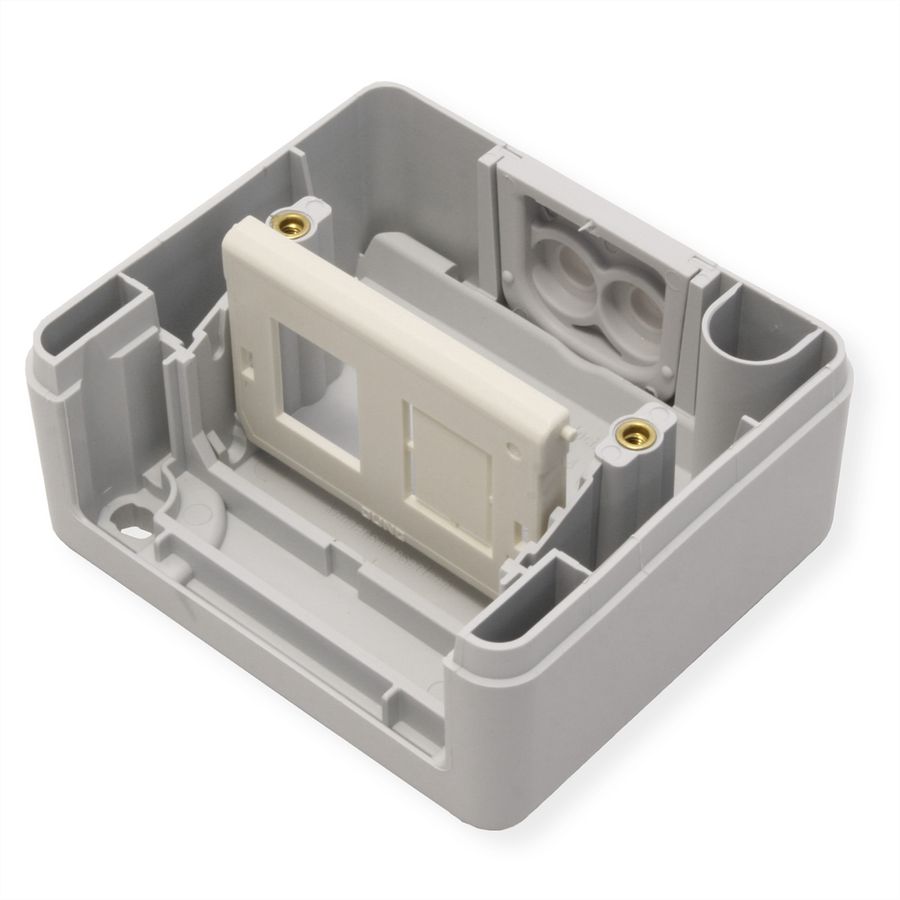 TELEGÄRTNER Gehäuse AP IP44,75x86x58, grau, mit Mont-Einsatz für 2xAMJ-Modul