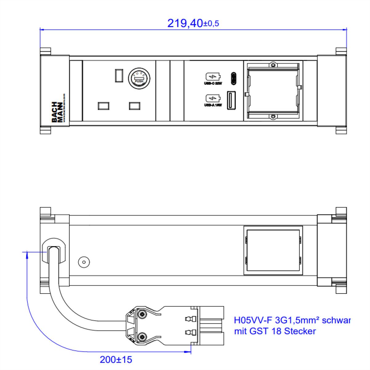 BACHMANN POWER FRAME S 1xUK 1xCM, 1xUSB A&C 22W 0,2m GST18 United Kingdom