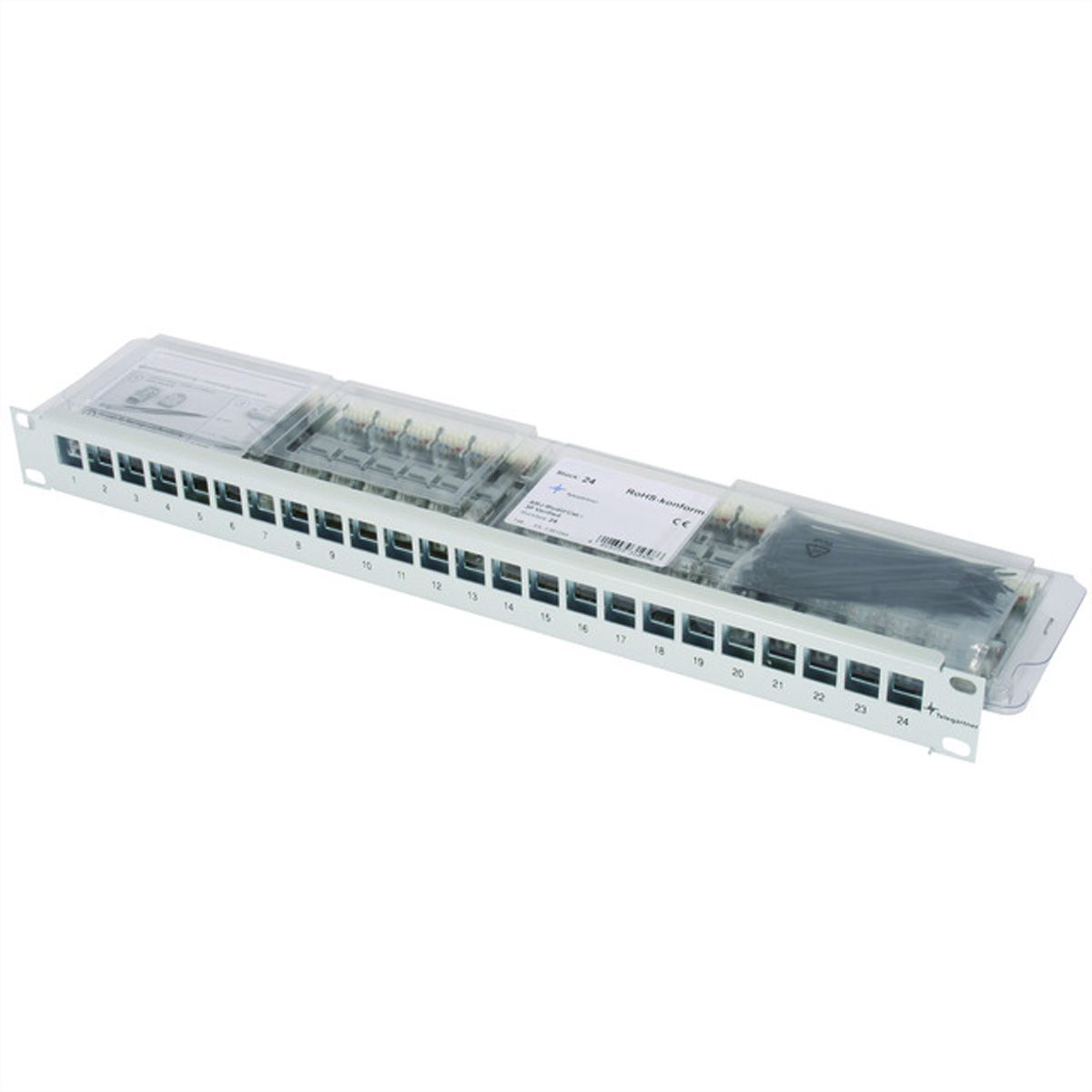 TELEGÄRTNER 19"-Modulträger 1 HE, mit 24 AMJ-S-Modulen Cat.6A (Class EA) (ISO/IEC), grau