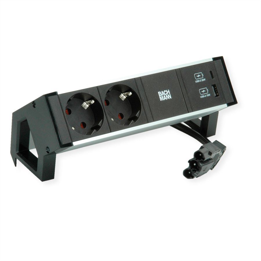 BACHMANN DESK2 ALU BLACK 2xSchutzkt.USB, USB Charger 22W A&C 0,2m GST18