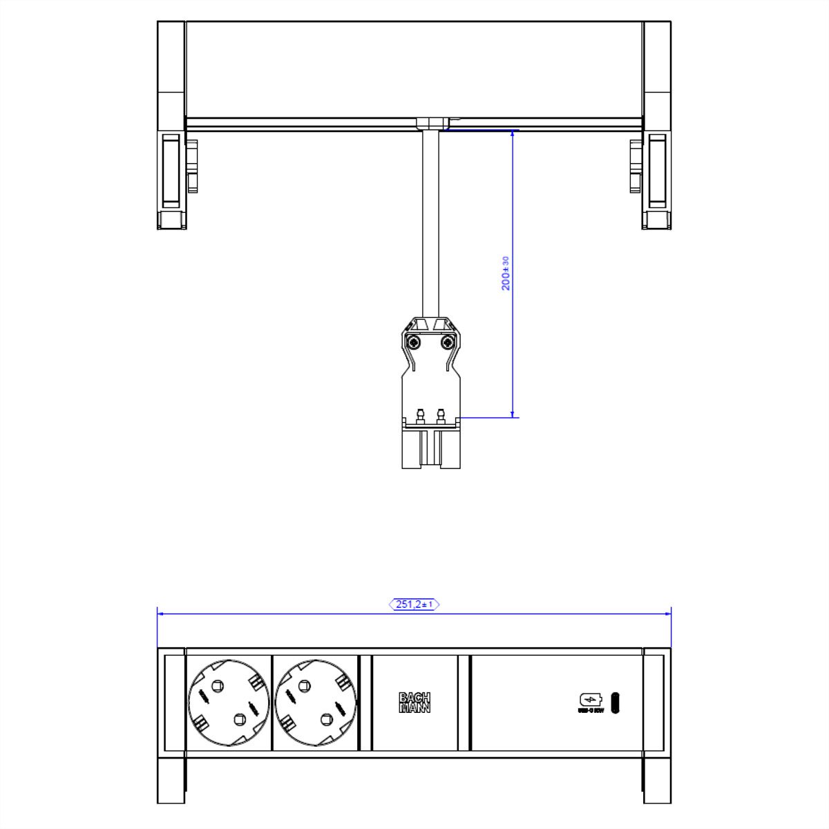 BACHMANN DESK2 2xSchutzkontakt USB C, USB Charger 60W 0,2m GST18 weiss