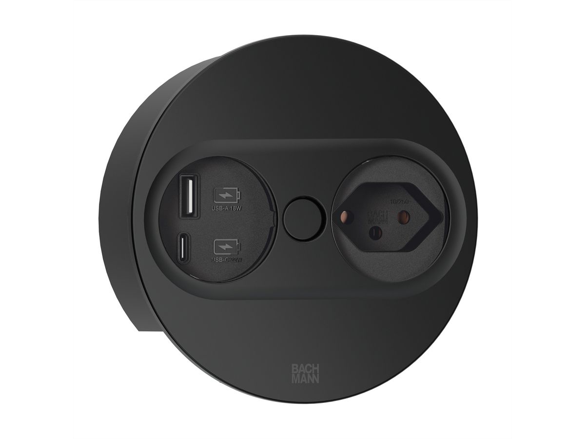 BACHMANN TWIST2 1xCH 1xUSB A/C 22W, L=2,0m T12 RAL9005 30GE rund