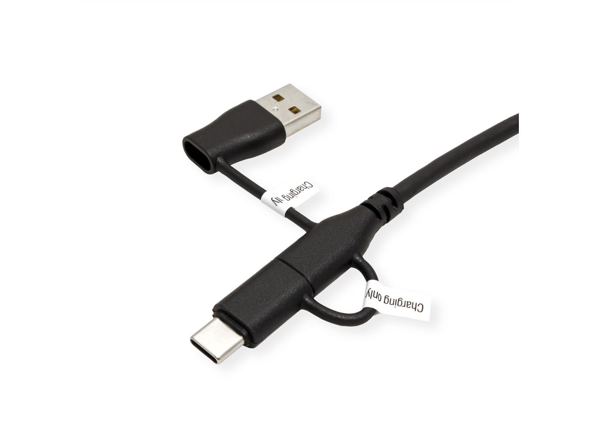 ROLINE USB 2.0 Kabel Typ C, ST/ST, mit Datenblockier-Adaptern Typ A+C, 1 m