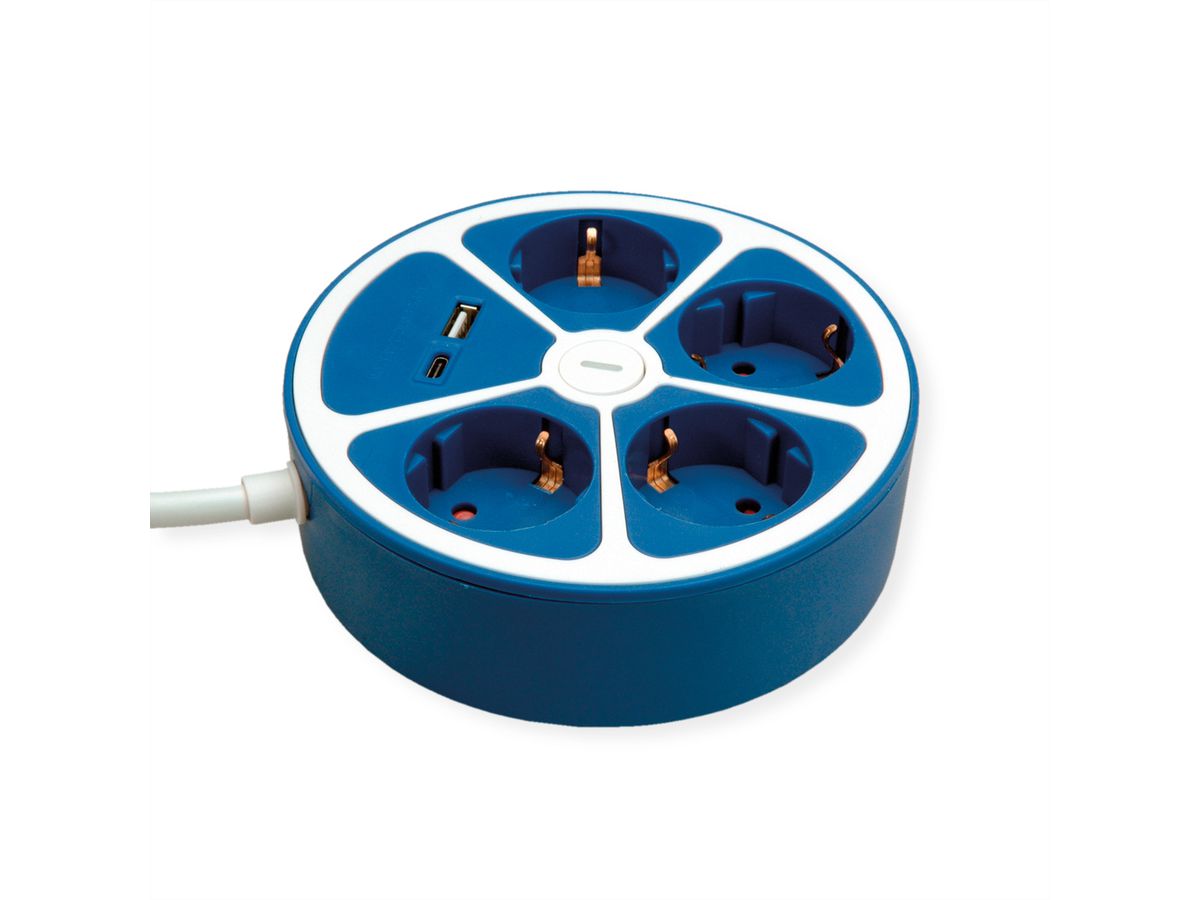 ROLINE 4-fach Steckdosenleiste mit Schalter, rund, USB-Charger A+C, blau, 1,5 m