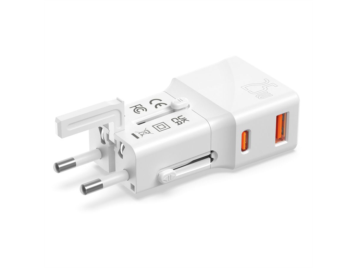 VALUE USB Reise-Charger mit Euro-Flach-/UK-/US-Stecker, 2 Port (Typ-A QC3.0, Typ-C PD), 25W
