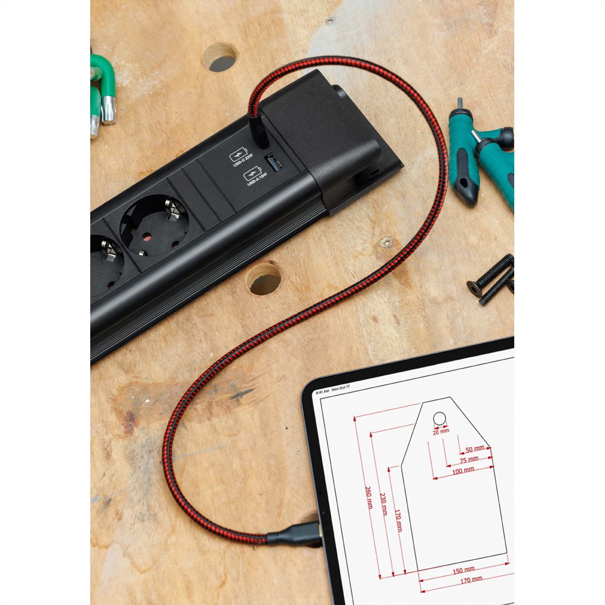 BACHMANN CONNECTUS 6x CEE7/3, 1x Schalter, 1x USB A/C 22W, 2,0m CEE7/7, Grau