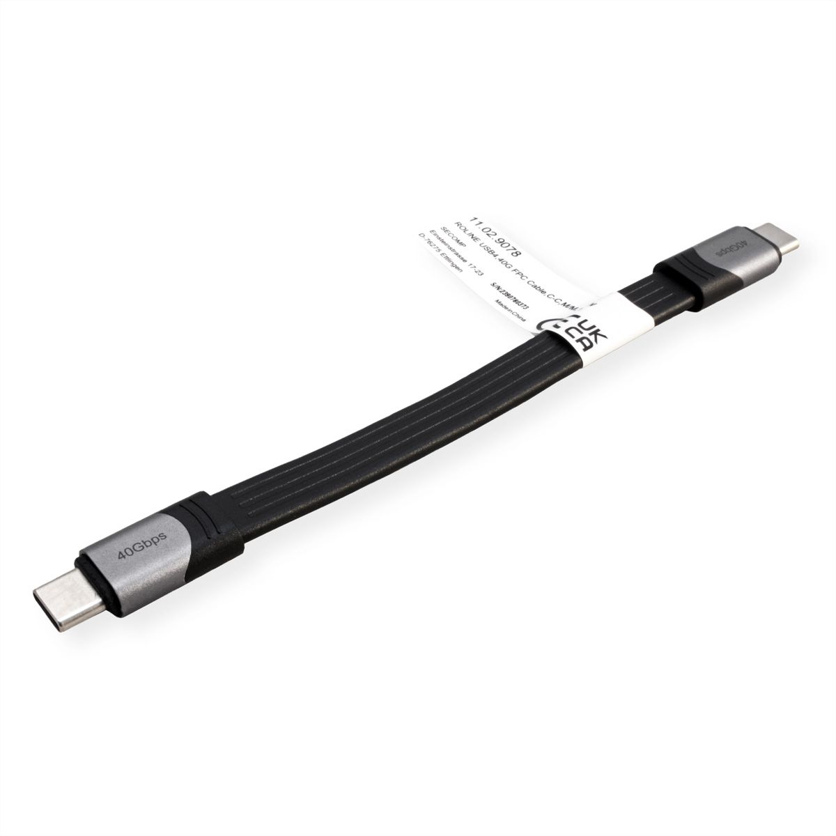 ROLINE USB4 Gen3x2 Kabel, USB C-C, ST/ST, 8K UHD-2, 40Gbit/s, 100W, extra-flach, schwarz, 15 cm