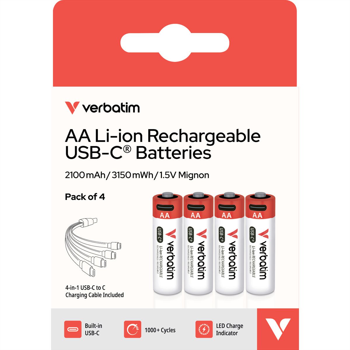 VERBATIM AA-Akkus mit USB-C-Anschluss Li-Ion 2100mAh 4er Pack
