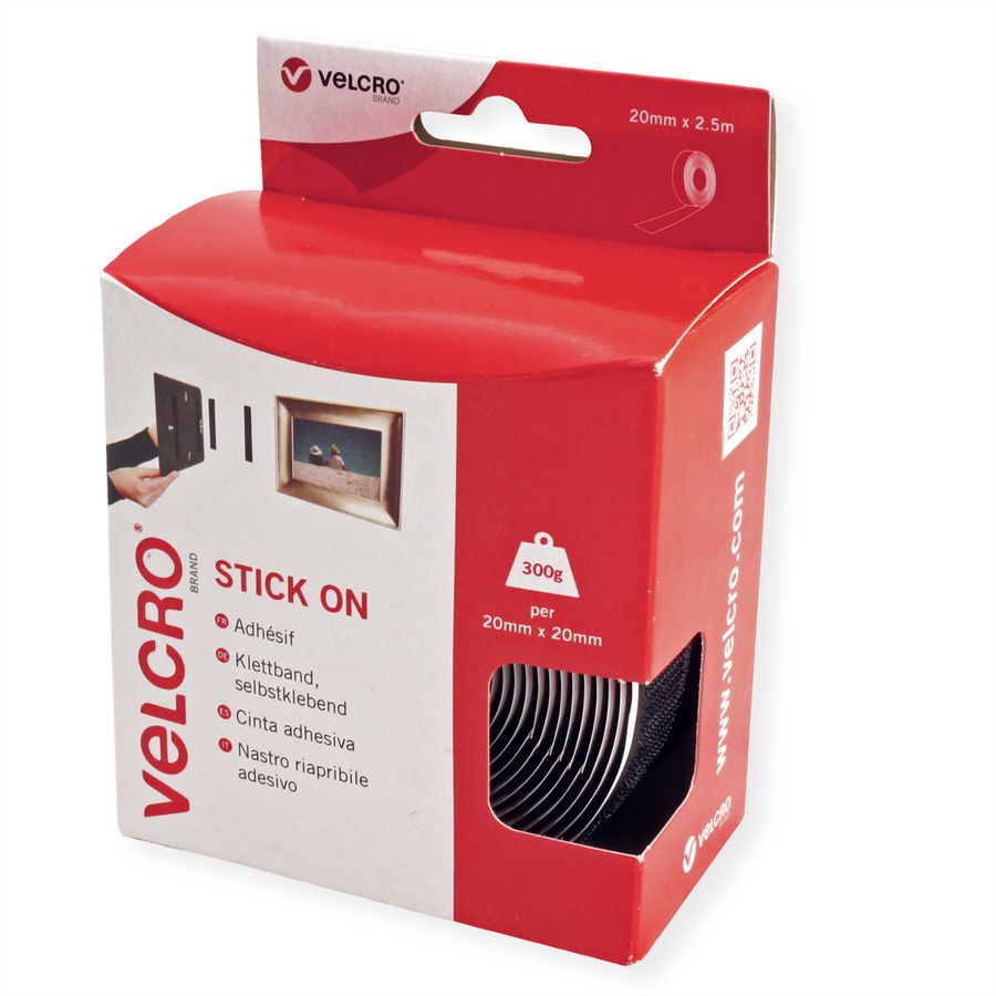 VELCRO® Klettband Selbstklebend, Haken & Flausch 20mm x 2.5m Schwarz