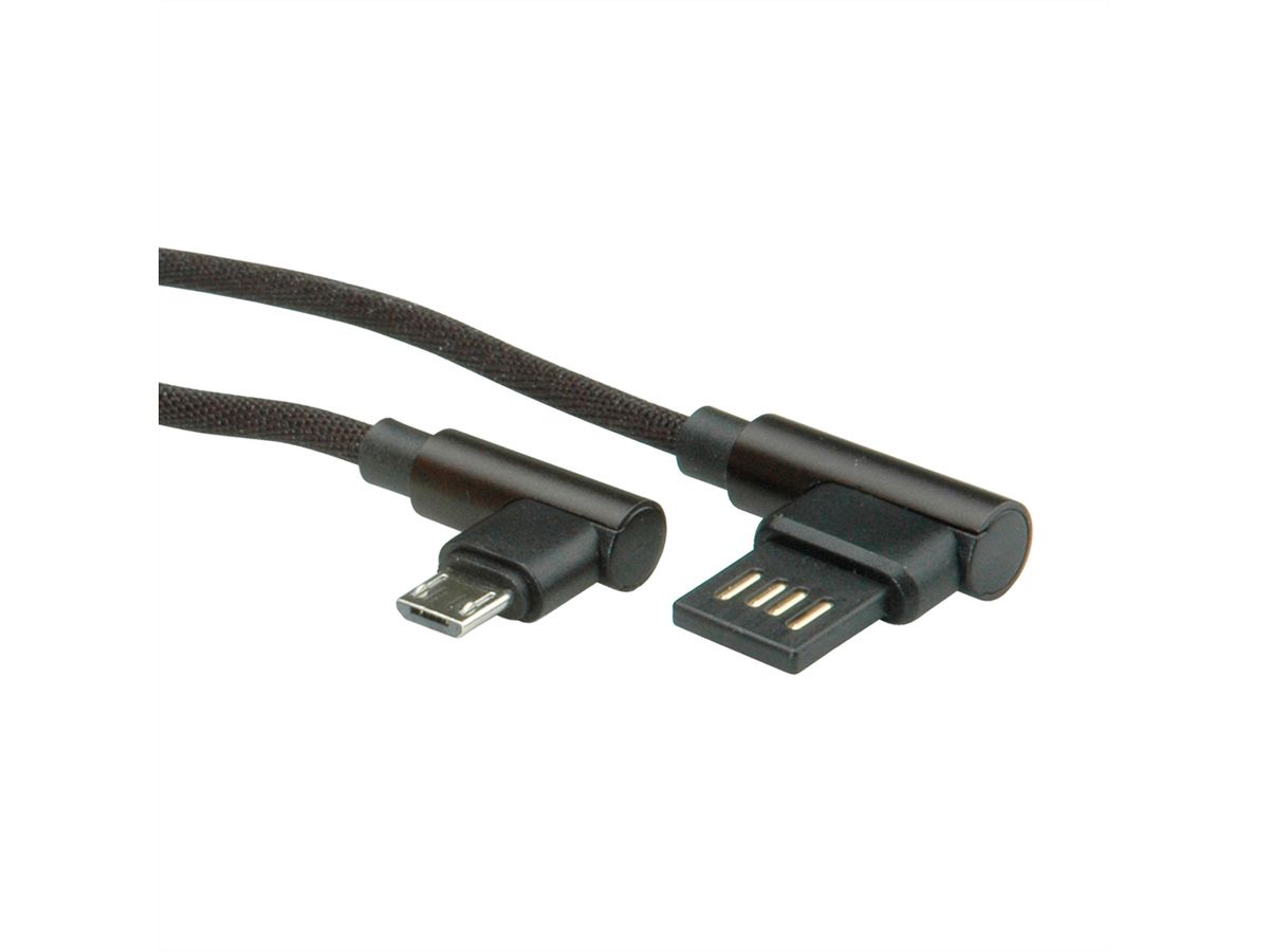 ROLINE USB 2.0 Kabel, gewinkelt, Typ A rev - Micro B, ST/ST, schwarz, 0,8 m