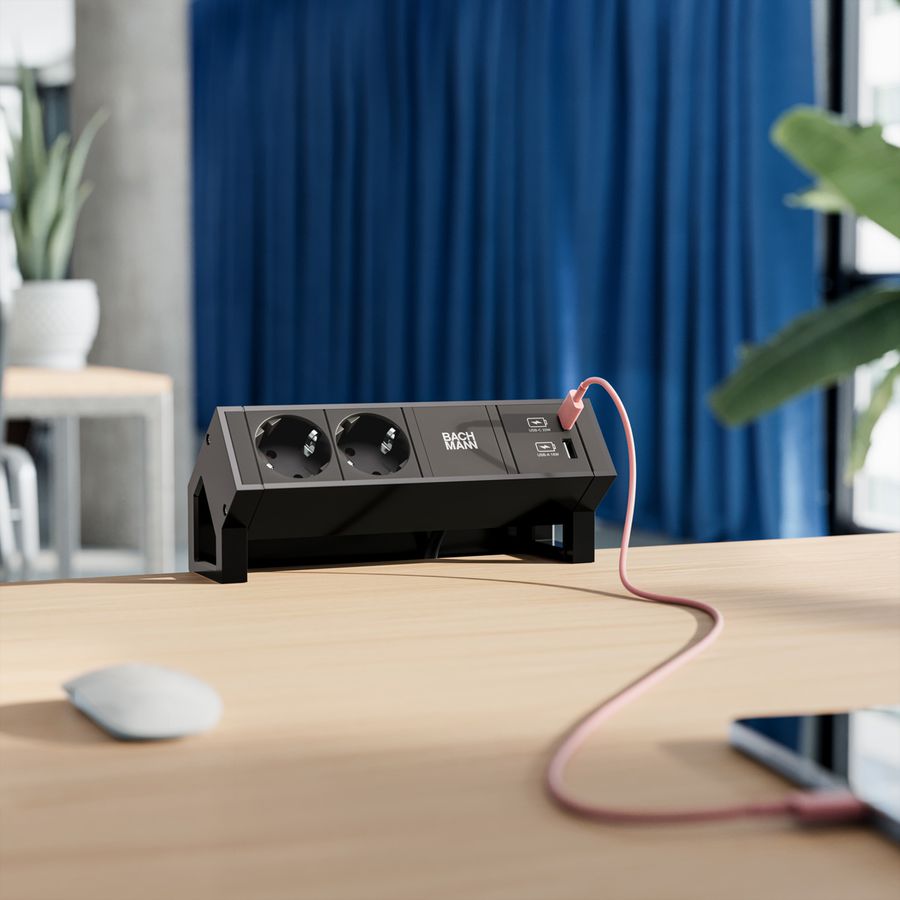 BACHMANN DESK2 2xSchutzkontakt USB A&C, USB Charger 22W 0,2m GST18 Schwarz