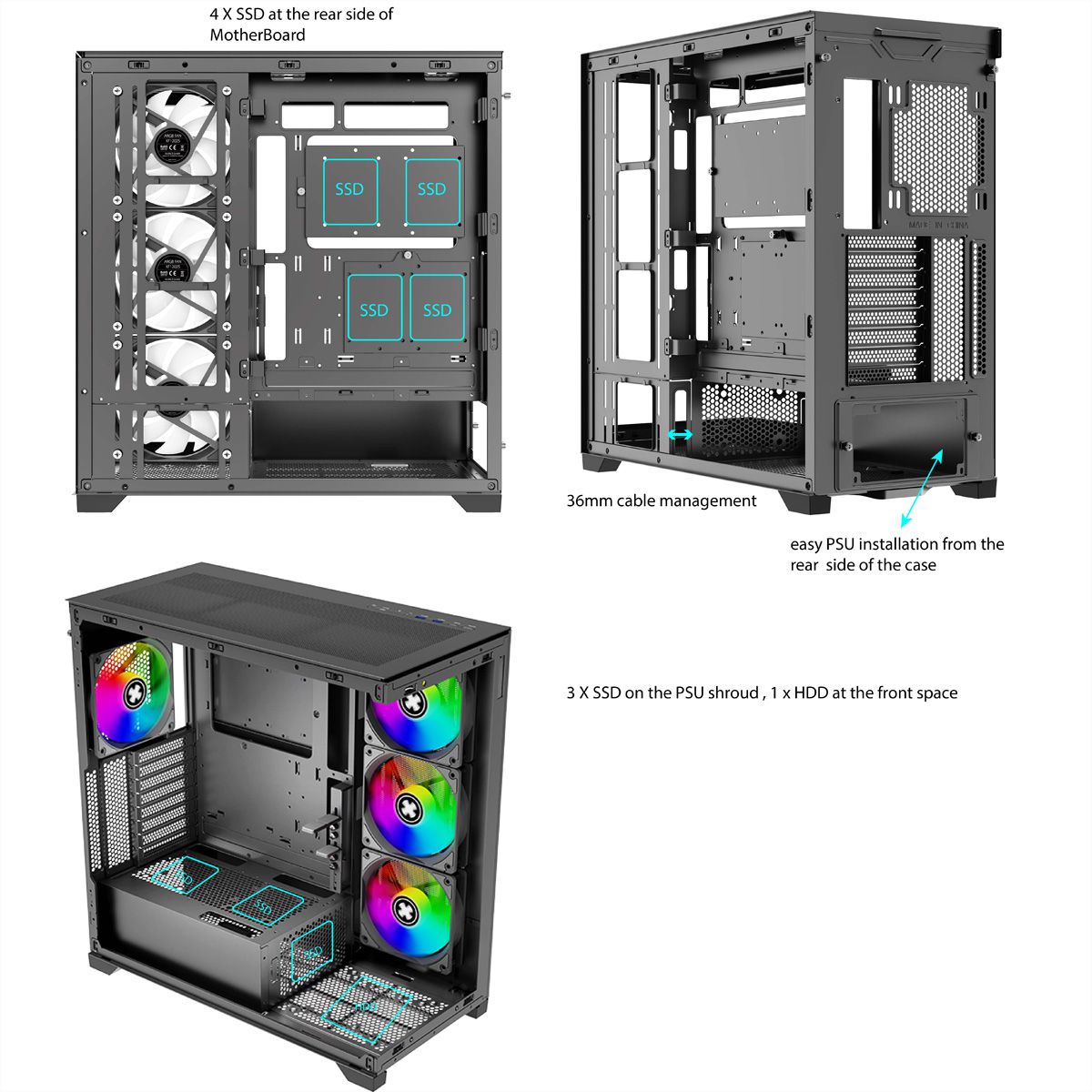 XILENCE Xilent Gleam X818.ARGB Gaming ATX PC-Gehäuse schwarz, RGB ATX Midi Tower
