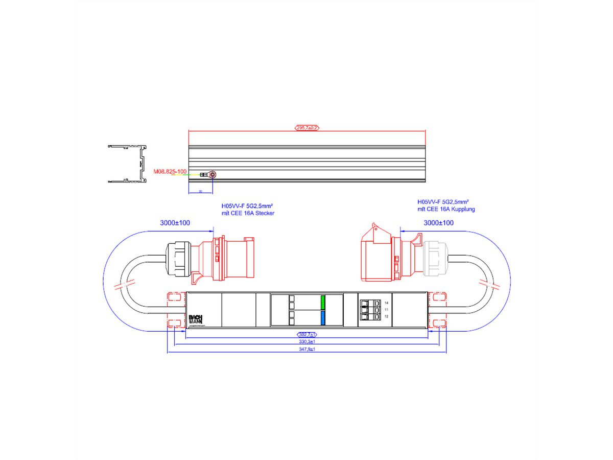 BACHMANN ALU 1HE VM 1x SPD 3-phasig, 1x ÜS 3x 16A 2x 1m H05VV-F 5G2,5mm CEE 16A