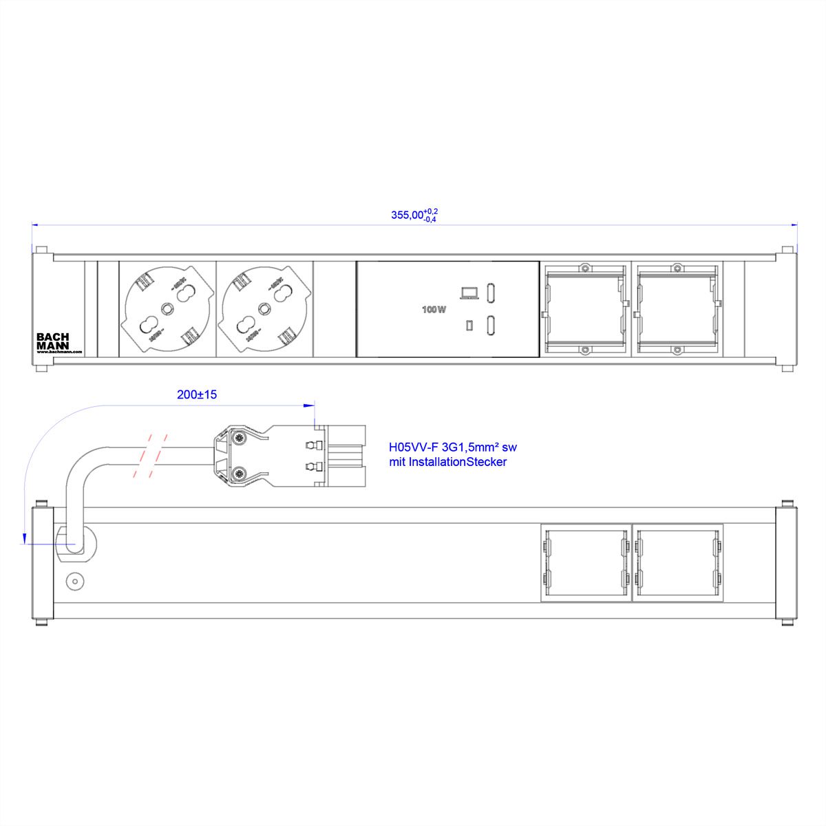 BACHMANN CONI 2xP40 1xUSB C/C 100W, 2xCM L=0,2m