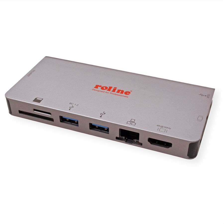 ROLINE USB Typ C Dockingstation, HDMI 4K, VGA, 2x USB 3.2 Gen 1, LAN, PD, Cardreader