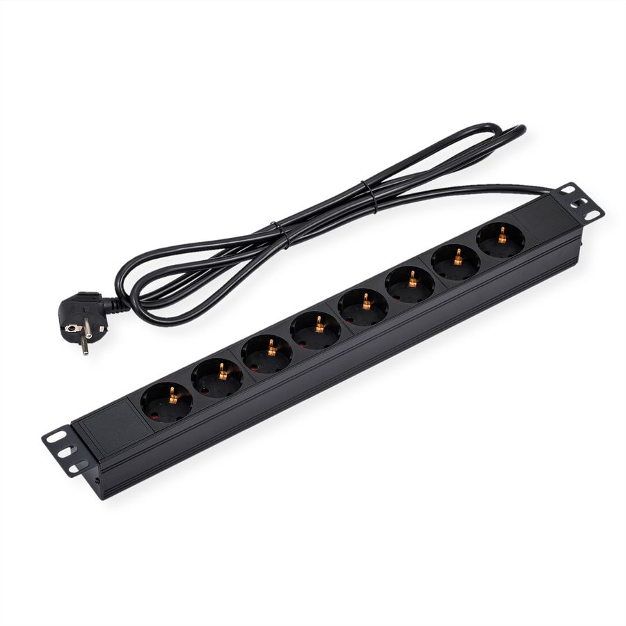 VALUE 19-Zoll-Steckdosenleiste 8fach, 1 HE, Schutzkontakt-Stecker, 1,8 m