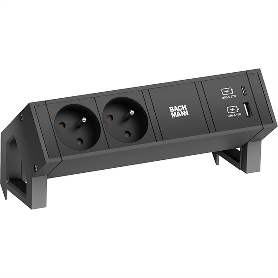 BACHMANN DESK2 2xUTE 1xUSB A/C 22W, GST18 RAL9005, schwarz, 0,2 m