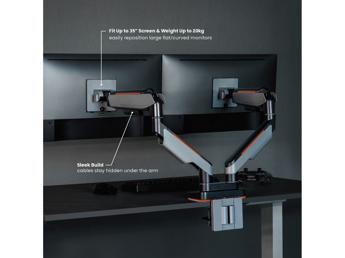 ROLINE LCD-Doppelarm, Tischmontage, Gasfeder, je 5 Gelenke, bis 2x 20 kg