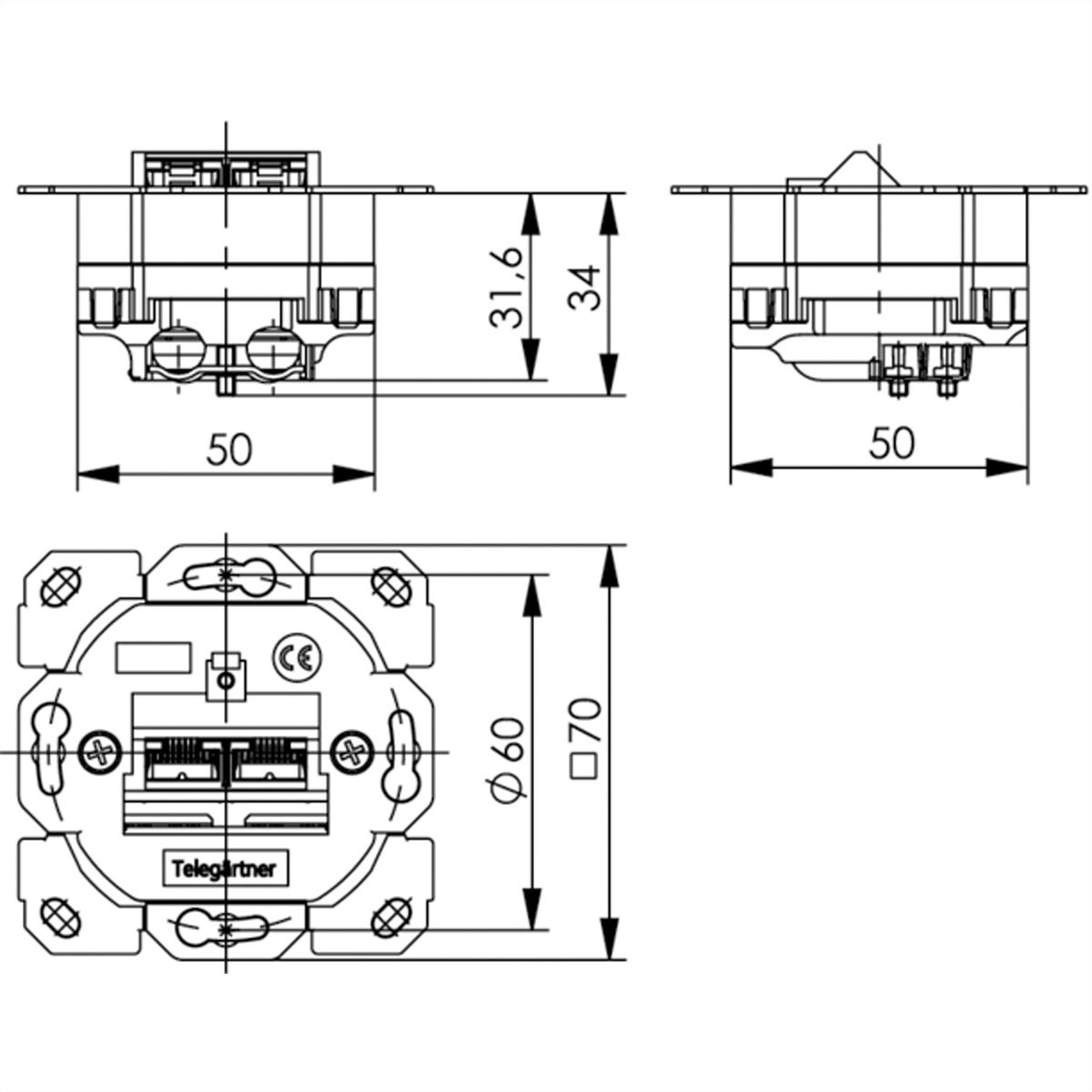 TELEGÄRTNER Dose AMJ45 ohne Zentralplatte, 2x RJ-45 Cat.6A (Class EA)