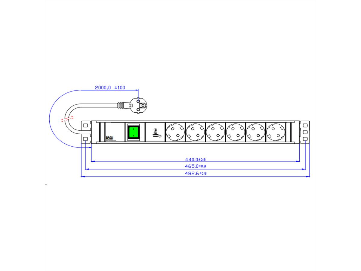 BACHMANN 19" 1,5HE 6xCEE7/3 1xSchalter 1xSPD-Plus 2,0m CEE7/7