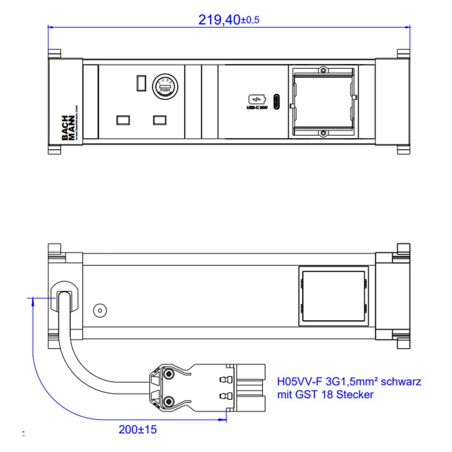 BACHMANN POWER FRAME S 1xUK 1xUSB C 30W, 1xCM 0,2m GST18 United Kingdom