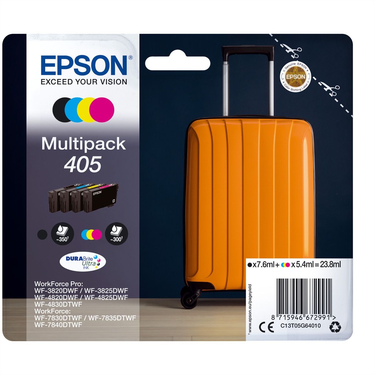 EPSON C13T05G64010, Multipack, 405, Tinte schwarz, cyan, magenta, yellow, für EPSON WorkForce WF-3820, WF-4820, WF-7830