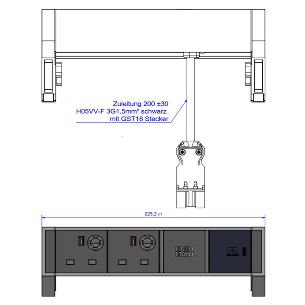 BACHMANN DESK2 2xUK 1xUSB C 30W, 0,2m GST18 INOX United Kingdom